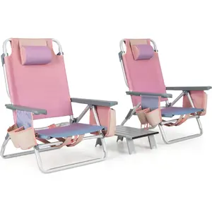 Beach Chairs, 2-Pack Backpack Camping Chair with Armrest, Cooler Bag, Cup Holder, Towel Bar & Side Pockets, Sunbath Sling Tanning Lounge, Folding Layout Chair (with Table, Pink)Home beach balcony leisure lazy recliner can sit or lie back chair