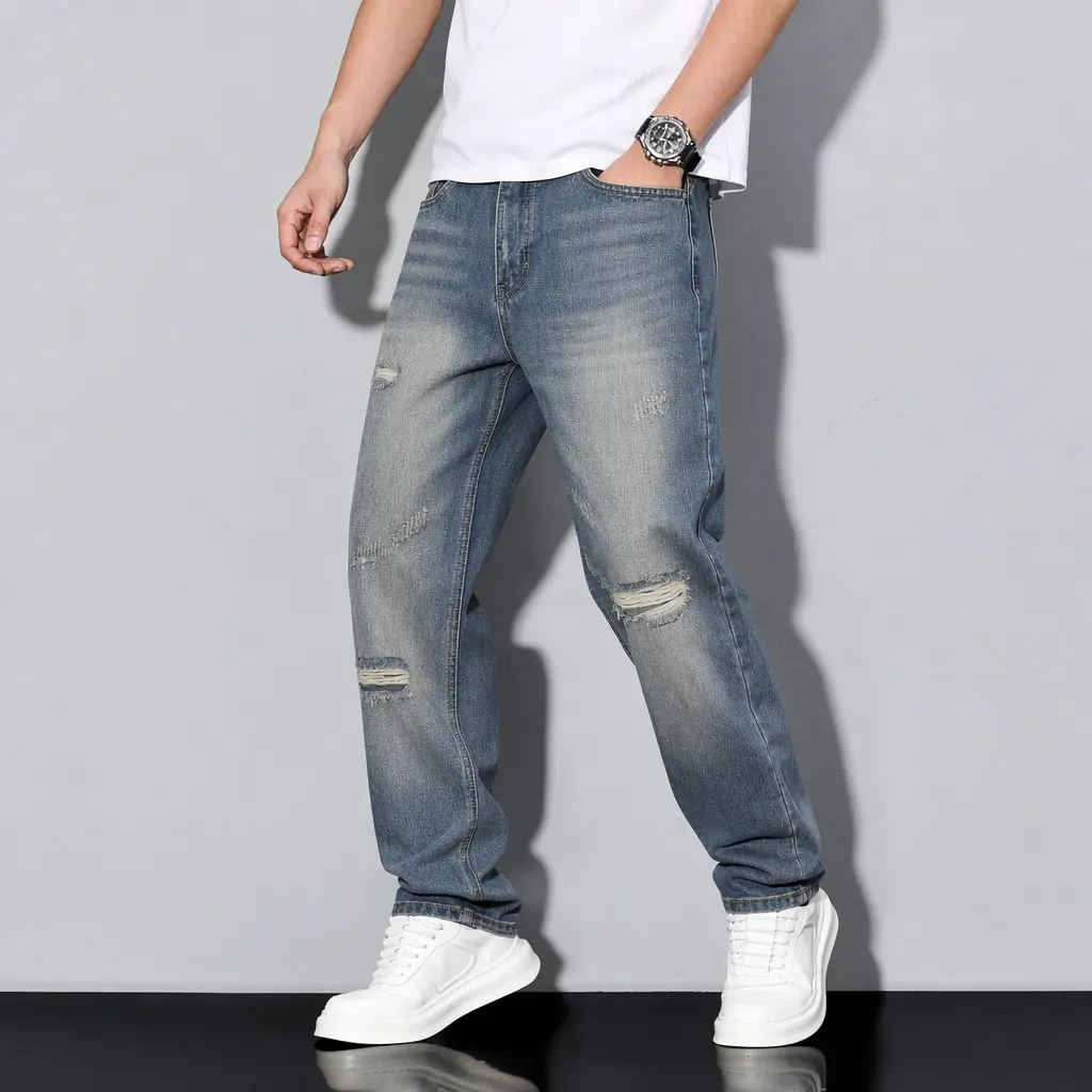 Men’s Oversized Retro Destroyed Flare Jeans, Heavy‑Wash Frayed Distressed Paint‑Splatter Wide‑Leg Bootcut Denim Trousers for Urban Street Style