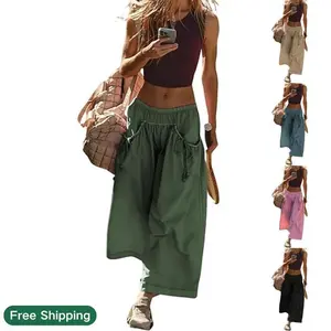 Women’s loose wide-leg sports pants with drawstring pockets and an elastic waistband, cropped pants, women’s hiking pants GARMENTARY