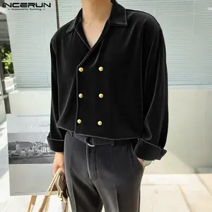 INCERUN Men's Spring Autumn Retro Luxury Textured Double-Breasted Camp Collar Shirt for Dinner Parties, Cocktail Lounges, Smart Social Events, Fashionable Dates