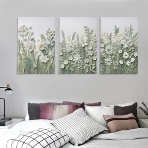 3pcs Wood Frame Canvas Print Decorative Painting 3D Relief Fresh Green Plants and Flowers Poster Indoor Home Wall Decoration Art Easy to Hang Artistic Gift Choice