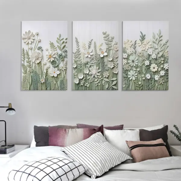 3pcs Artistic Wood Frame Canvas Print - Multi-size 8"x12"/12"x16"/16"x24", Funky 3D Relief Greenery Plants & Flowers Hanging Wall Art, UV Resistant Eco-friendly Indoor Home Decor, Easy-to-Hang Gift