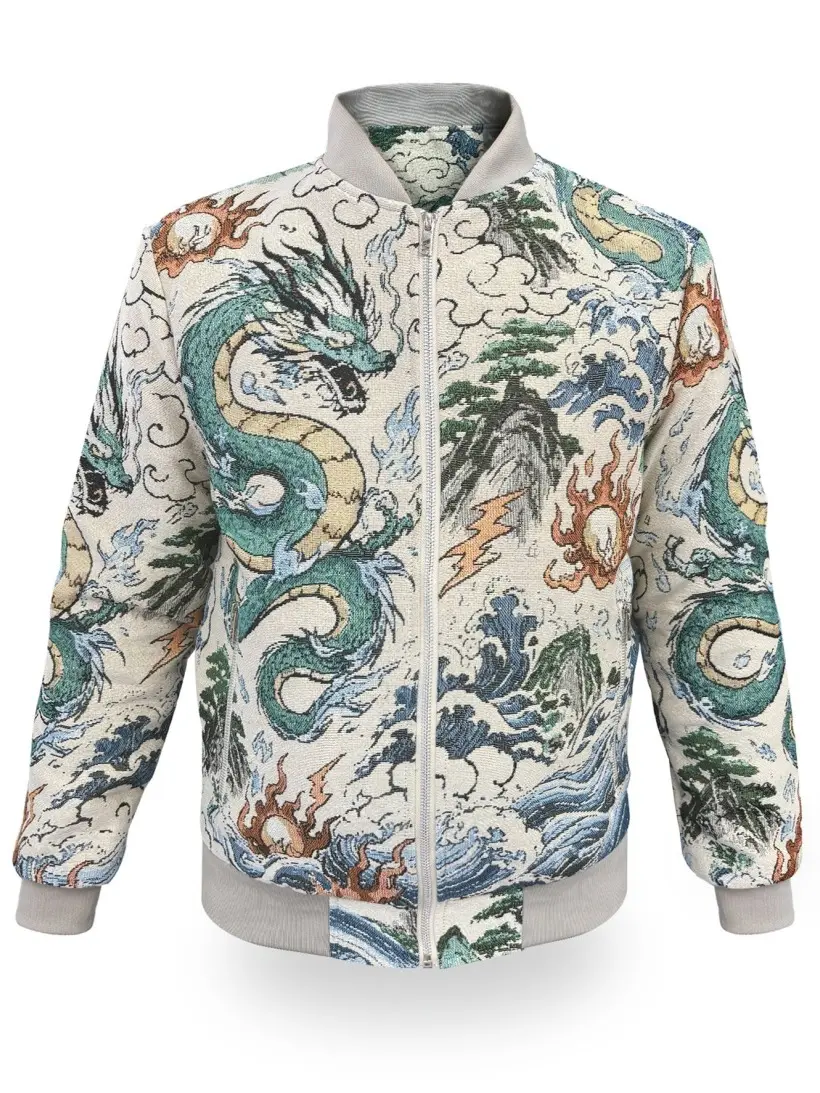 Men's allover dragon embroidery bomber jacket, stand collar, ribbed cuffs, zip-up baseball jacket, street-style casual outerwear