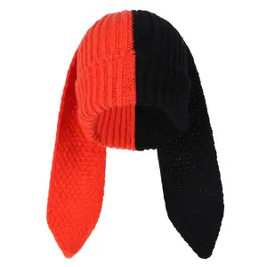 Color Block Bunny Rabbit Ear Comfortable Knitted Thermal Cuff Beanie, Stretchy Winter Keep Warm Soft Skull Hat Chemo Hat Skiing Hat