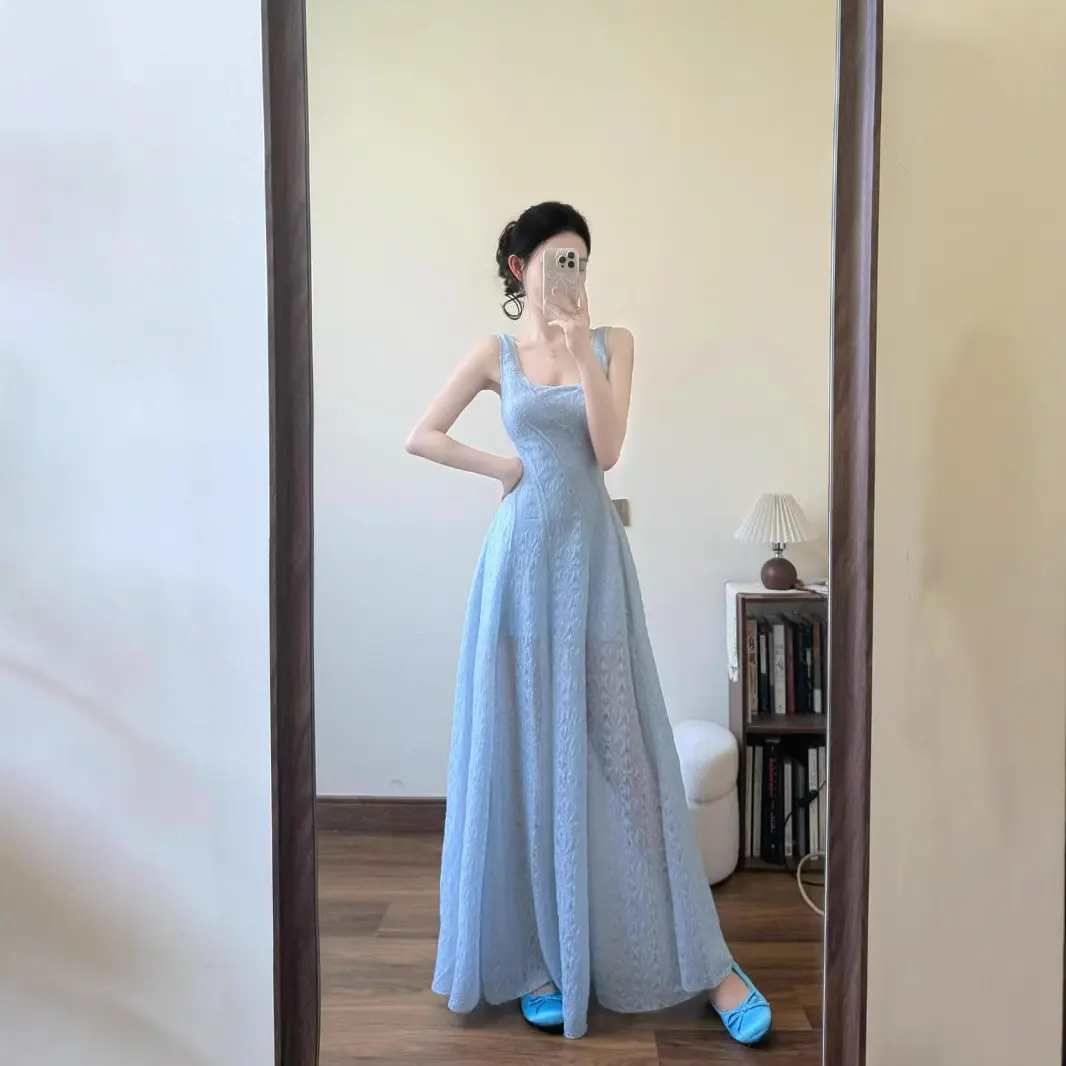 Blue Square Collar Sling Dress Women's 2025 Summer Seaside Holiday Elegant Waist Slimming Puffy Dress