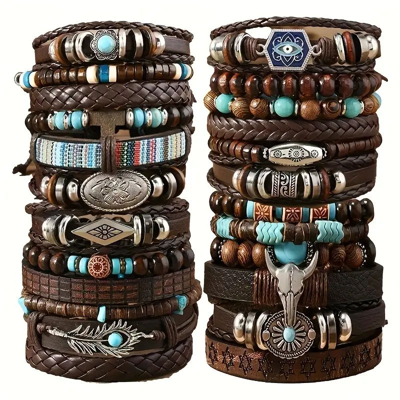 24Pcs Retro Head Turquoise Cowrie Wood Bead Bracelet Set - Brown Faux Leather with Star & Feather Pendants, Ideal Gift for Friends, Daily Occasion, Everyday Bracelet | Vintage Style Bracelet | Faux Leather Bracelet