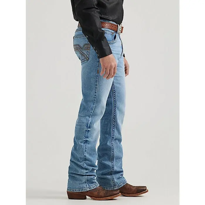 Wrangler Men's Rock 47 Slim Bootcut Jeans in Ocean Wash - Mid Rise Stretch Cotton Spandex Blend Pants, Menswear, Slim Fit, Elastane, Casual, Denim, Bootcut Men's Jeans