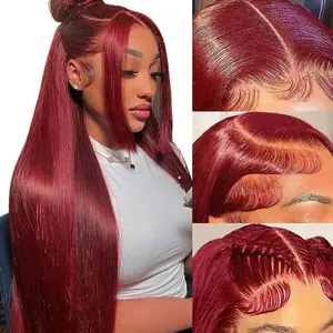 28 inch 99J Burgundy Lace Front Wigs Human Hair 13x4 HD Transparent Straight Lace Front Wigs Human Hair Pre Plucked Burgundy Wig Human Hair Red Wine Glueless Frontal Wigs Human Hair Wigs for Women