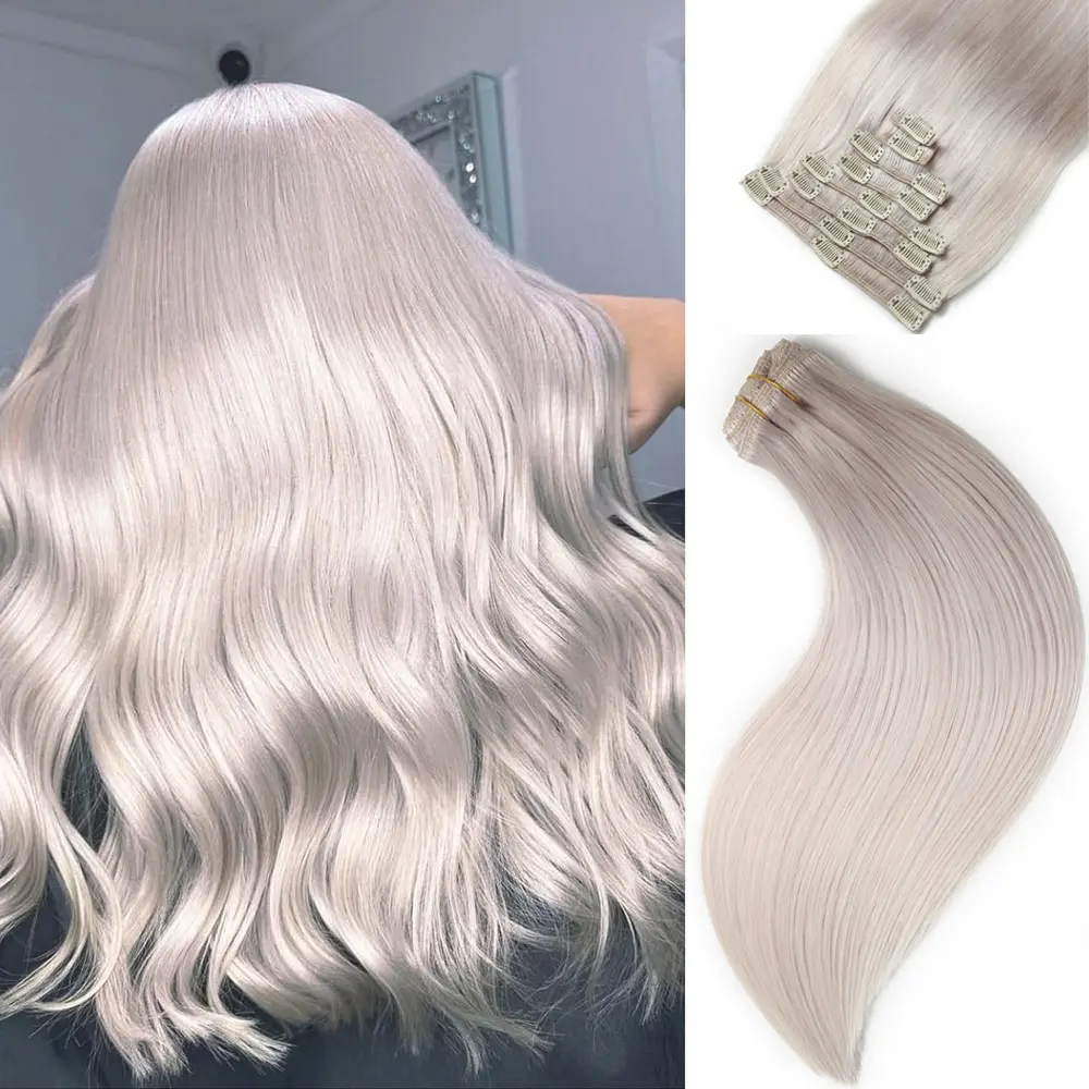 Platinum silver Clip in Hair Extensions Real Human Hair,Remy Hair Extensions Clip ins Double Weft for Women,120g Real Human Hair,Grey Straight Hair Double Weft Easy to install