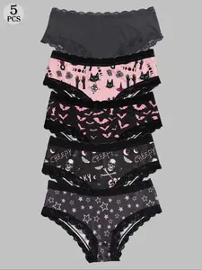 Morvia Women's Skull & Eyeballs & Bats & Ghosts & Spiders Print Contrast Lace Panty, Casual Comfy Breathable Knicker for Daily Wear, Ladies Underwear for All Seasons