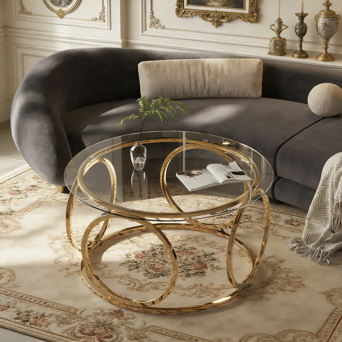 31.5'' Round Tempered Glass Coffee Table with Chrome Metal Frame & Circular Base Design, Modern Minimalist Cocktail Table for Living Room (Clear Glass + Gold Frame)