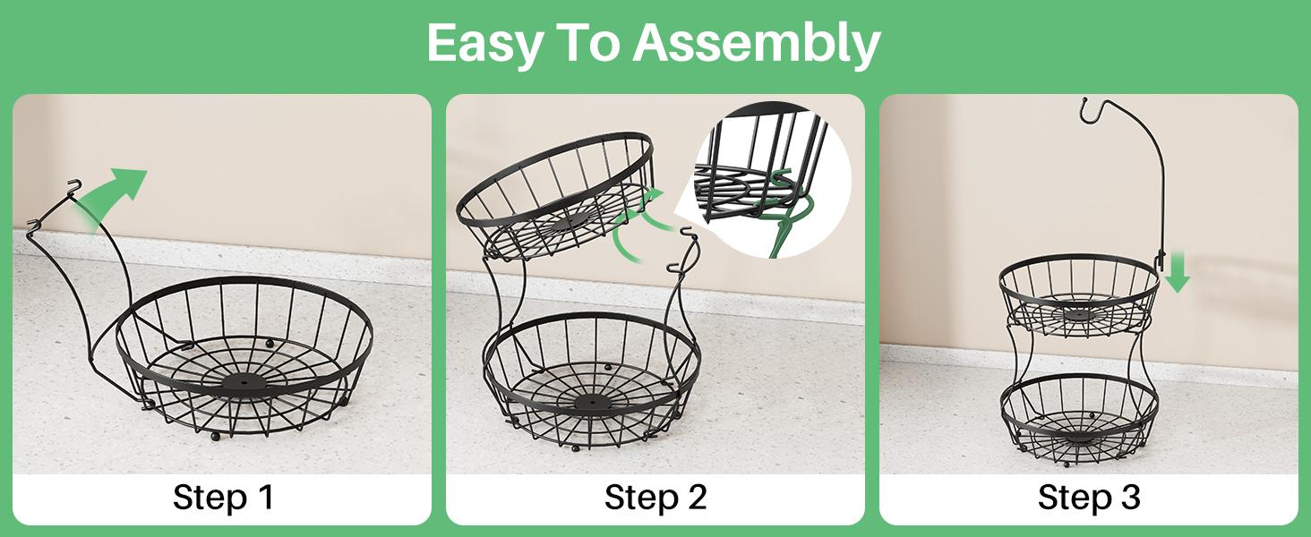 2-Tier Fruit Basket Bowl Stackable Vegetable Storage with Banana Tree Hanger Stand for Kitchen Countertop, Metal Wire Basket for Bread Onions Potatoes Black