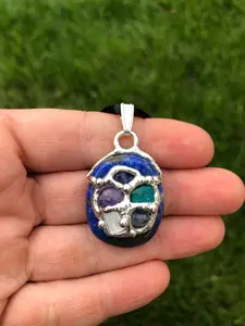 Channeling Amulet (Meditation) Pendant with Black Satin Cord, Selenite, Chrysocolla, Smoky Quartz, Amethyst, Lapis Lazuli, Rutilated Quartz