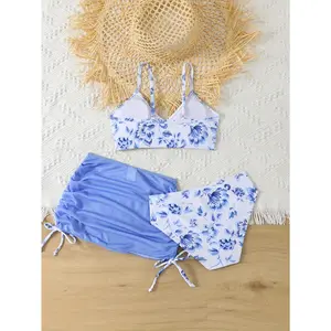 New Style Triangle Bikini Set for Big Kids and Teens: Top with Straps, High-Waisted Bottoms, and Sun-Protective Beach Skirt