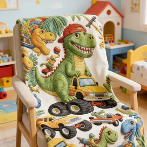 Dinosaur Monster Truck Print Flannel Blanket, Jurassic Tyrannosaurus Pattern, Soft Warm Cover, Boy Bedroom Sofa Game Room Use, Birthday Gift