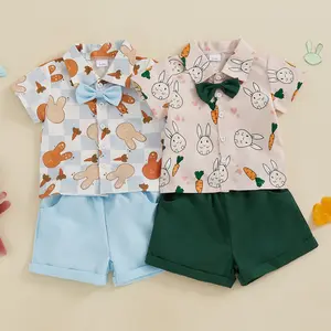 Canrulo Toddler Baby Boy Easter Outfit Bunny Button Up Short Sleeve Bowtie Shirt and Shorts Set Gentleman Outfits Suit