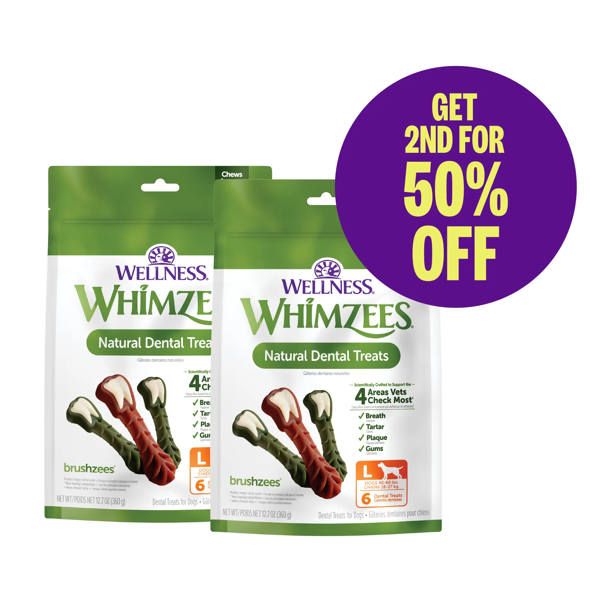 Wellness WHIMZEES Brushzees Large Dog Dental Treats, 6 Count Value Bundle, Buy 1 Get 50 Off 2nd