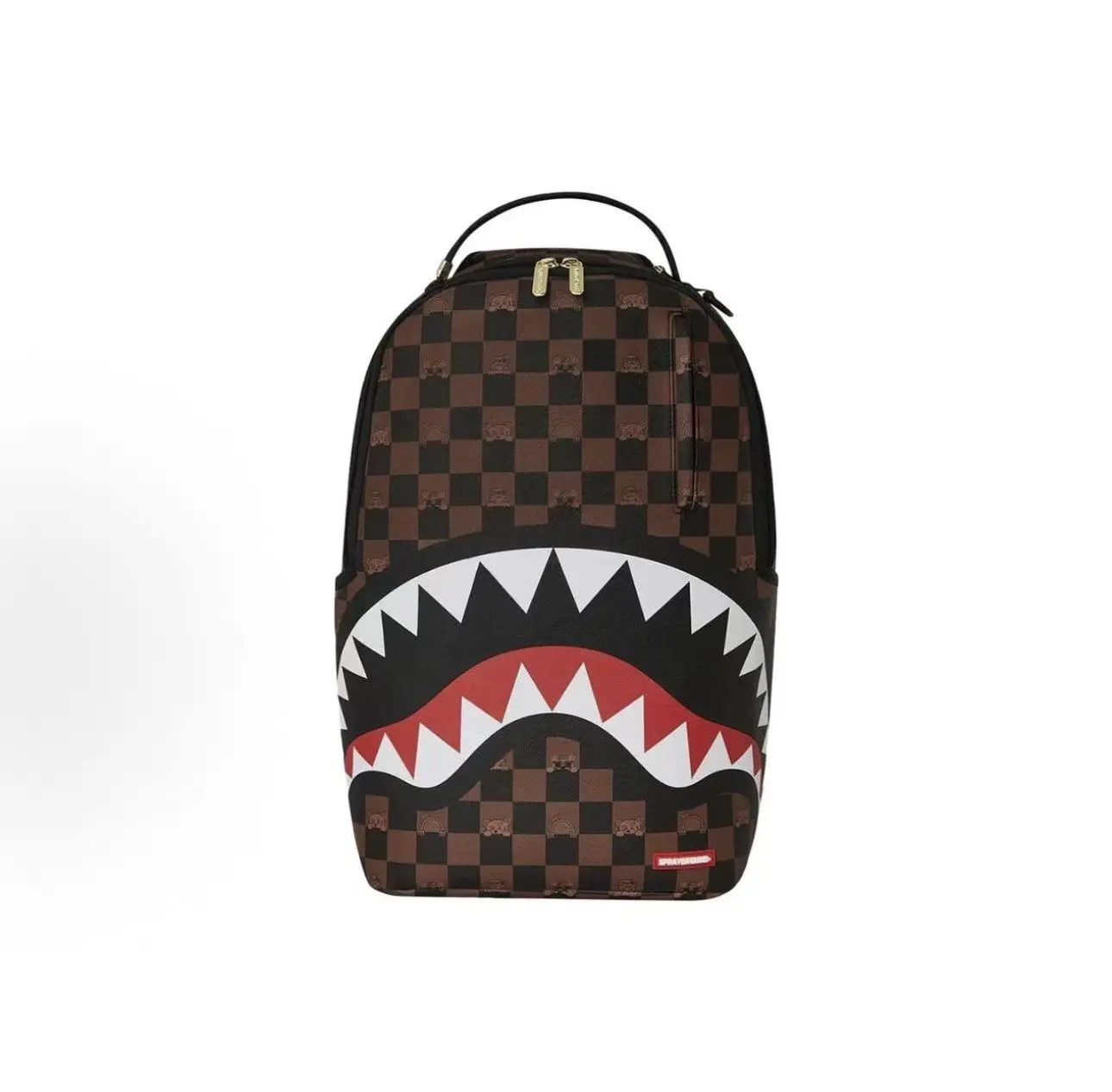 SGR Shark Mouth Backpack, Brown Checkerboard Pattern, High School Student Schoolbag, Unisex Casual Laptop Backpack