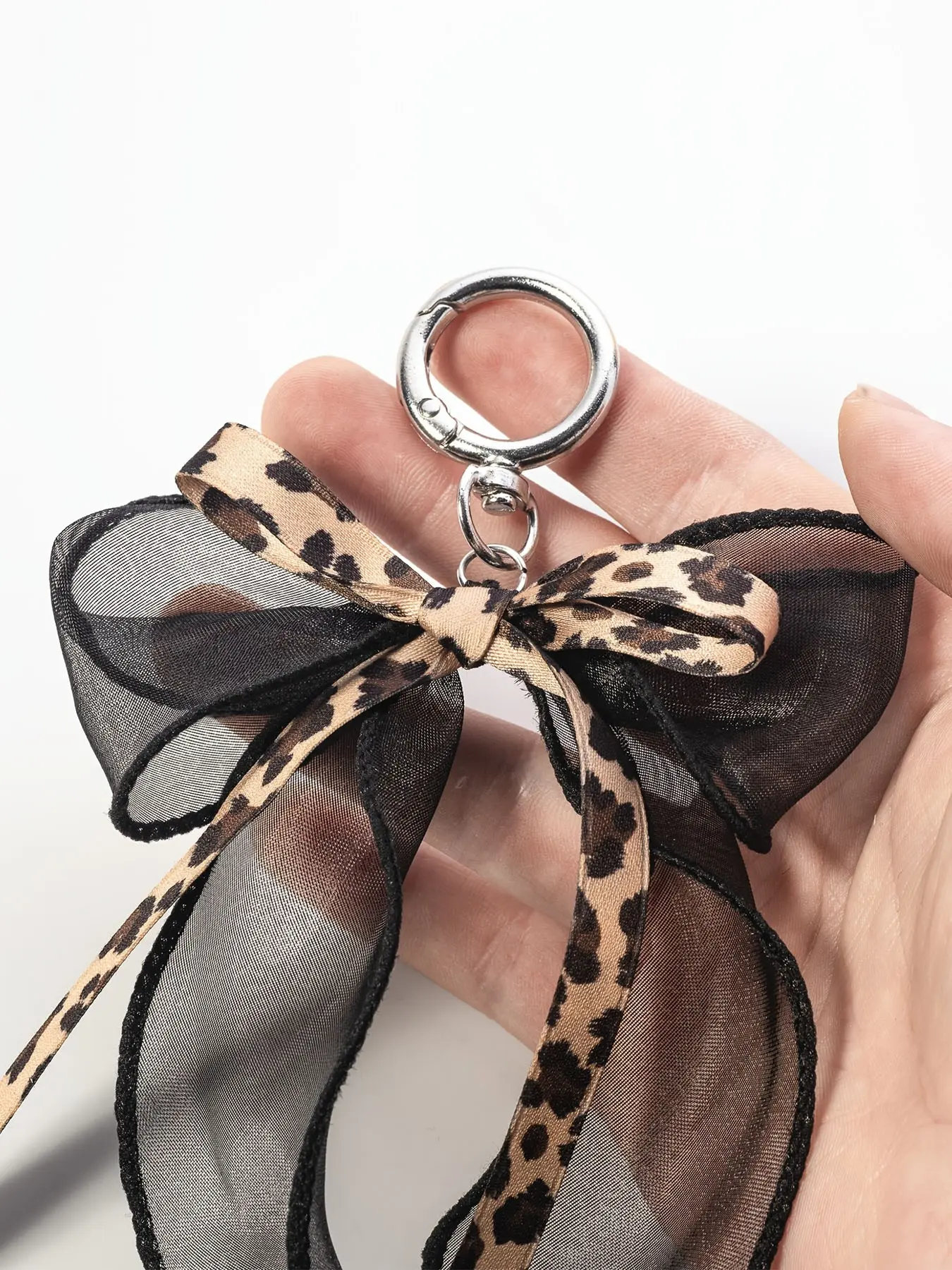 Edging Mesh Fabric Leopard Print Bow Keychain - Bag And Key Additions