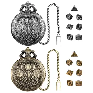 Vintage Pocket Watch with Chain & Dice Set, 1 Count Watch with Chain & 7 Counts Dice, Role Playing Game Accessories for DND Beginners