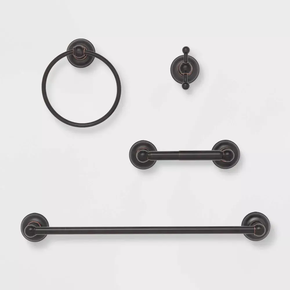 4pc Classic Bath Hardware Set Oil Rubbed Bronze - Threshold: Zinc & Stainless Steel Includes Towel Bar & Hook
