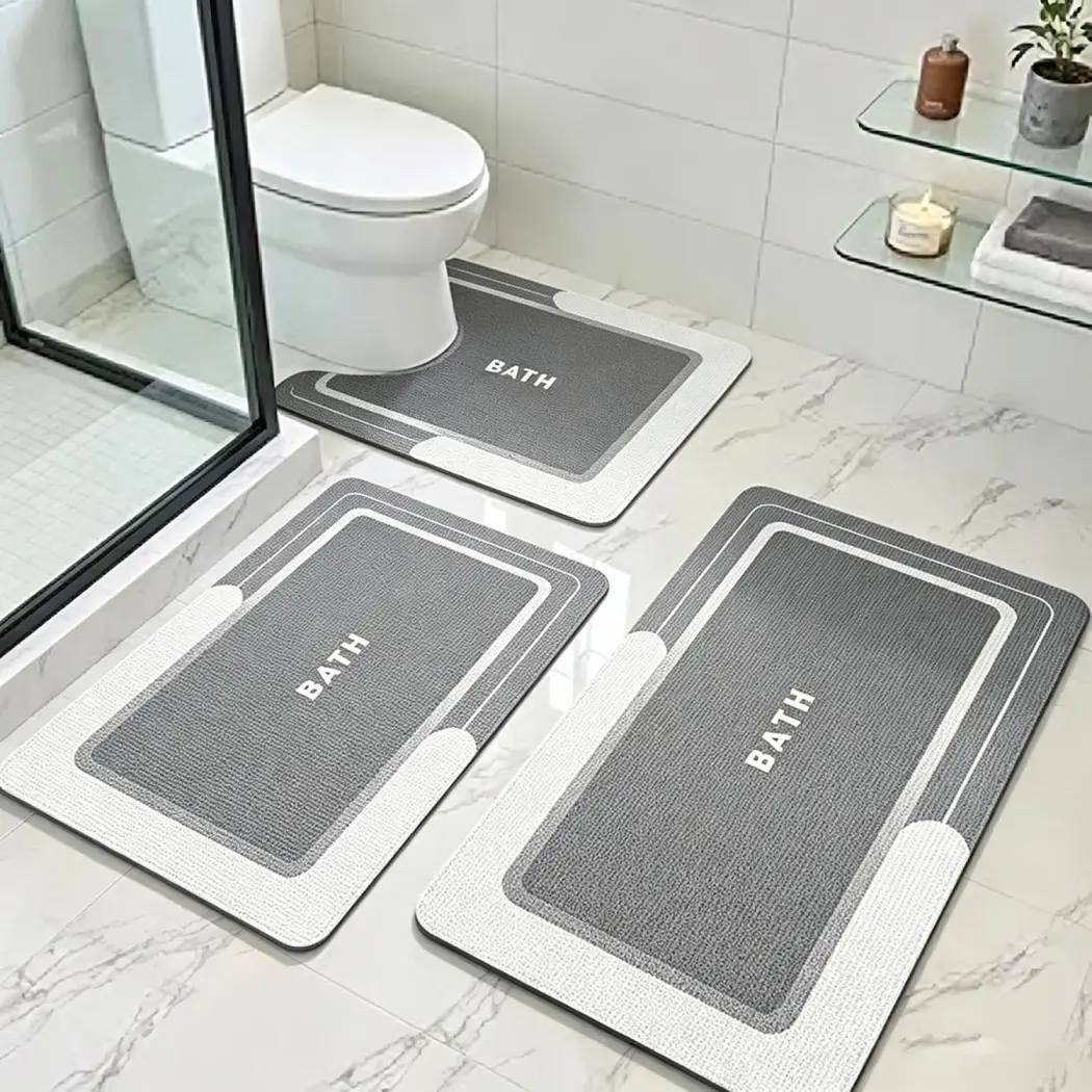 3 Pack Quick Dry Absorbent Bath Mat Set, Non Slip Rubber Back Magic Water Lock Floor Rugs, Decorative Carpet Mats for Bathroom, Shower, Kitchen Sink
