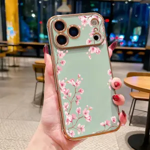 Soft Pink Cherry Blossom Branch Decor Pattern Luxury Electroplating TPU Anti-Slip Bumper Shockproof Cover Gift Soft TPU Phone Case for iPhone 17 15 Pro Max 16 14 Plus 13 12 11 X XS Max XR
