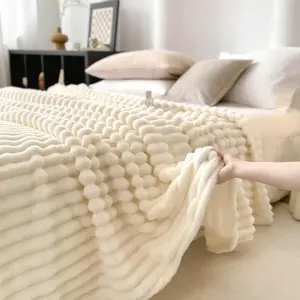 Fleece Throw Blanket for Couch - 380GSM Soft & Warm Fluffy Cream White Blanket, Decorative and Giftable Striped Blankets for Women, Men, Soft Cozy Throw