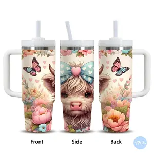 Pink Bow Highland Cow  Vacuum Flasks 40oz Stainless Steel Vacuum Insulated Tumbler with Handle & Straw | Insulated Drinkware | Long-Lasting Cold & Heat Retention, Leak-Resistant | For Iced Coffee, Water, Office, Gym & Travel