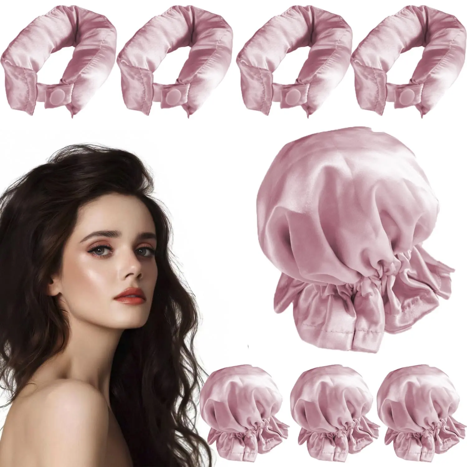 8PCS Satin Heatless Hair Curlers Set of 4 with Bonnet Caps, Adjustable No Heat Curling Rod Headband for Overnight Waves, Reusable Hair Rollers for Long Hair, Black