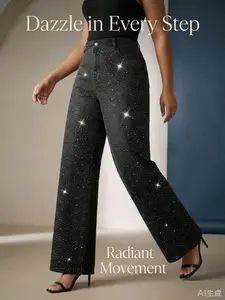 Women's Plus Size Womenswear Spring 2026 Commuter Rhinestone Embellished Starry Sky Slimming Wide Leg Jeans, Casual Fitted Denim Jeans