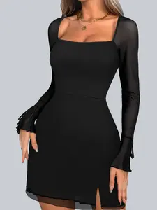 Elegant Long Sleeve Mesh Patchwork Dress, Chic Sexy Slim-Fit Summer, Moderate Fabric, Perfect for Casual Wear, Elegance