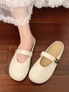 1 Pair Women's Soft Leather Round Toe Gold Buckle Mary Jane Closed Toe Mules, French Gentle Style Flat Heel Slides, Non-slip Lazy Slip-on For Commute Daily Wear Spring Summer