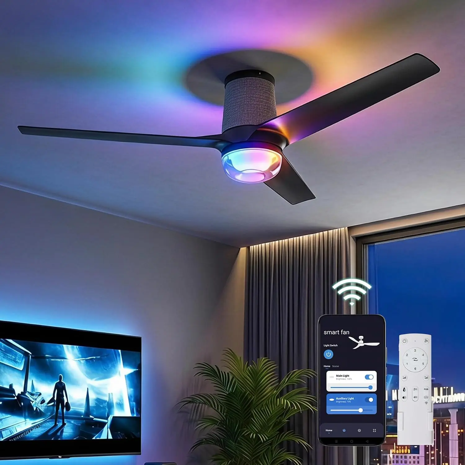 Tribesigns 52 Inch Ceiling Fan with RGB Light - 44 Dynamic Colors via App, Low Profile, Stepless Dimming 3CCT, Quiet 6-Speed Reversible DC Motor for Living Room, Game Room and Party