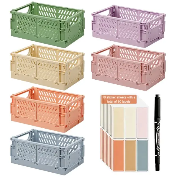 6-Pack Small Pastel Plastic Storage Baskets Including 60 stickers and 1 marker pen, Collapsible Crates for Organizing, Space-Saving Mini Bins for Classroom, Kitchen, Office, Bedroom (5.9" x 3.9" x 2.4")