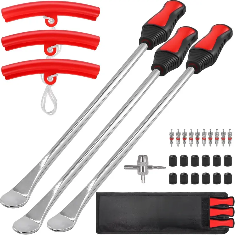 4.5 in Metal Tire Spoons Tool Set (3 Pcs) - Automotive & Motorcycle Metal Tools with 10 Pcs Valve Cores, Rim Protector, Valve Cap for Dirt Bike, Motorcycles