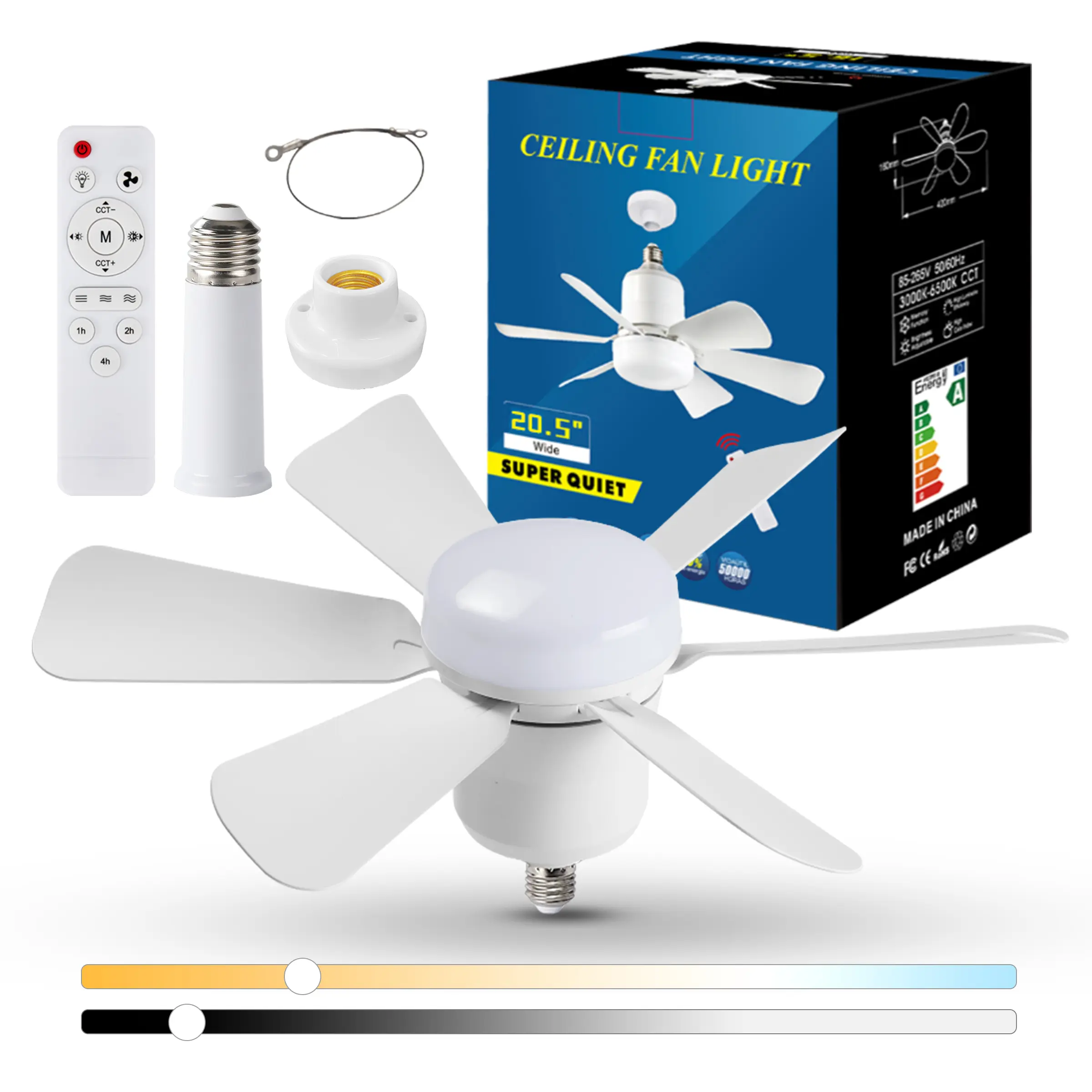 E27 Socket Ceiling Fan Light with 30W LED Bulb, Safety Rope, Silent 3-Speed Remote Control, Energy-Saving, Dimmable Memory Mode, for Household Bedroom, Garage