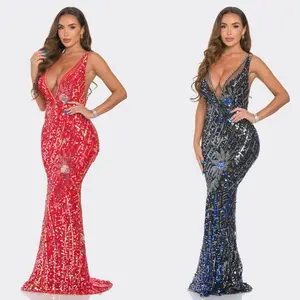 Vena Rhinestone/Sequin V-Neck Mermaid Maxi Dress