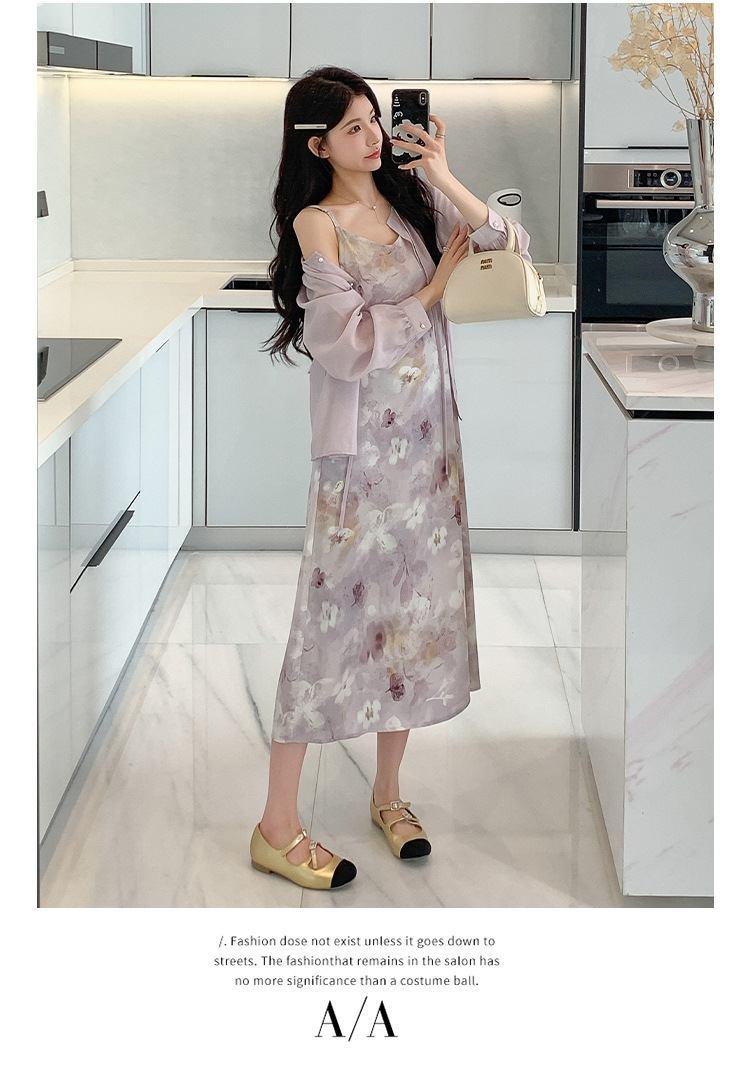 Sweet And Gentle Style Purple Printed Slip Dress Shirt And Cardigan Two-Piece Set