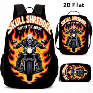 Trendy Flame Skull Motorcycle Print Schoolbag Three-Piece Set, The Set Includes a Backpack, Pencil Case, And Crossbody Bag, Specially Designed for Male Students to Reduce The Burden And The Spine. The Backpack Set Has a Scientific Partition And Larg