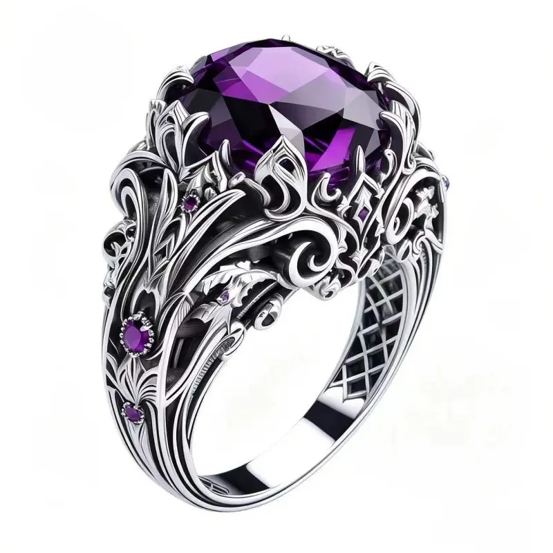 Vintage Amethyst Filigree Ring 925 Silver Statement Jewelry