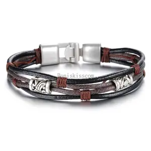 Retro Bead Black Brown Multi Leather Cord String Strap Bracelet Men's Wristband