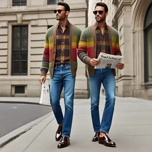 European and American Men's Sweater Jacket 2025 Autumn Winter Turn-down Collar Color Block Knitted Cardigan Woolen In Stock Rainbow Sweater