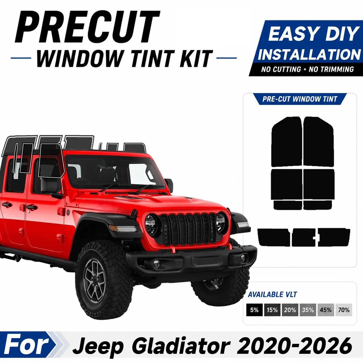 Automotive Custom Size Pre-cut Window Tint - Easy to Apply Installation Pre Cut Tint Kit, Sun protection UV Protection & Car For Jeep Gladiator 2020-2026