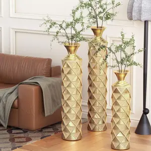 Gold Flower Vases Metal Decorative Vases Floor Standing Vintage Big Vases Modern Flower Vases Metal Center Vases with 3D Triangle Pattern, set of 3 vases for home decoration 33.5 ", 29.5 ", 25.2 "high, gold Geometric Ornaments