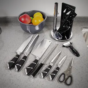 9-piece kitchen knife set including an acrylic knife holder, professional chef's knife, bread knife, cleaver, paring knife, multifunctional knife, and scissors, with a knife sharpener, made of high carbon stainless steel, ultra-sharp.