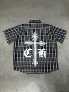 Y2K Hip-Hop Button Collared Checked Plaid Shirt, Harajuku Street Style Summer Casual Top, Short Sleeve Fitted H-Type, Graphic Pattern, Women's Fashion