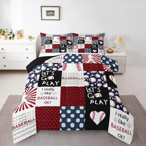 Boys Baseball Comforter Set,Baseball Fan Bedding Set,for Girls,Red Blue Ball Sports Comforter Patchwork Style Softball Game Quilt