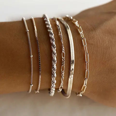 Tewiky 14K Gold Plated Bracelet For Women 6Pcs  Bracelets for Women Waterproof,  Jewelry Sets for Women Trendy Thin Dainty Stackable Cuban Link Paperclip Chain Bracelet Pack Fashion Accessories Gifts for Womens maximalist jewelry,Valentine's Day Gift