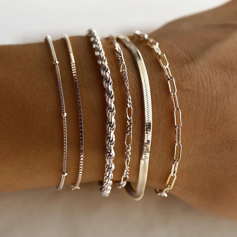 Tewiky 14K Gold Plated Bracelet For Women 6Pcs  Bracelets for Women Waterproof,  Jewelry Sets for Women Trendy Thin Dainty Stackable Cuban Link Paperclip Chain Bracelet Pack Fashion Accessories Gifts for Womens maximalist jewelry,Valentine's Day Gift